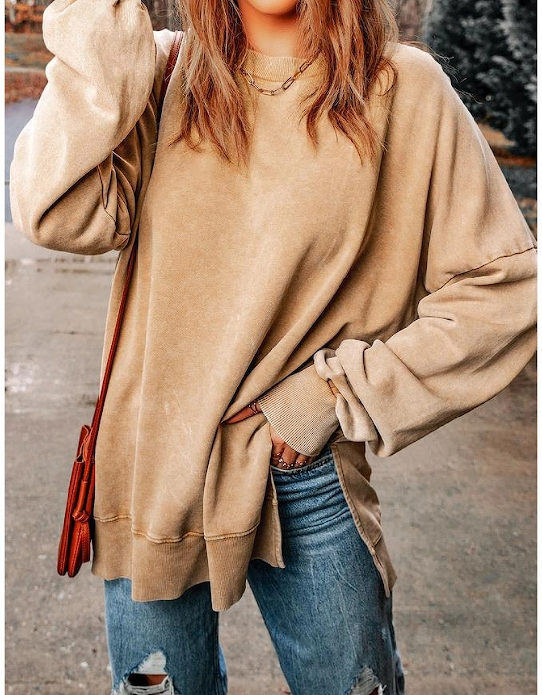 Khaki Drop Shoulder Ribbed Trim Oversized Sweatshirt