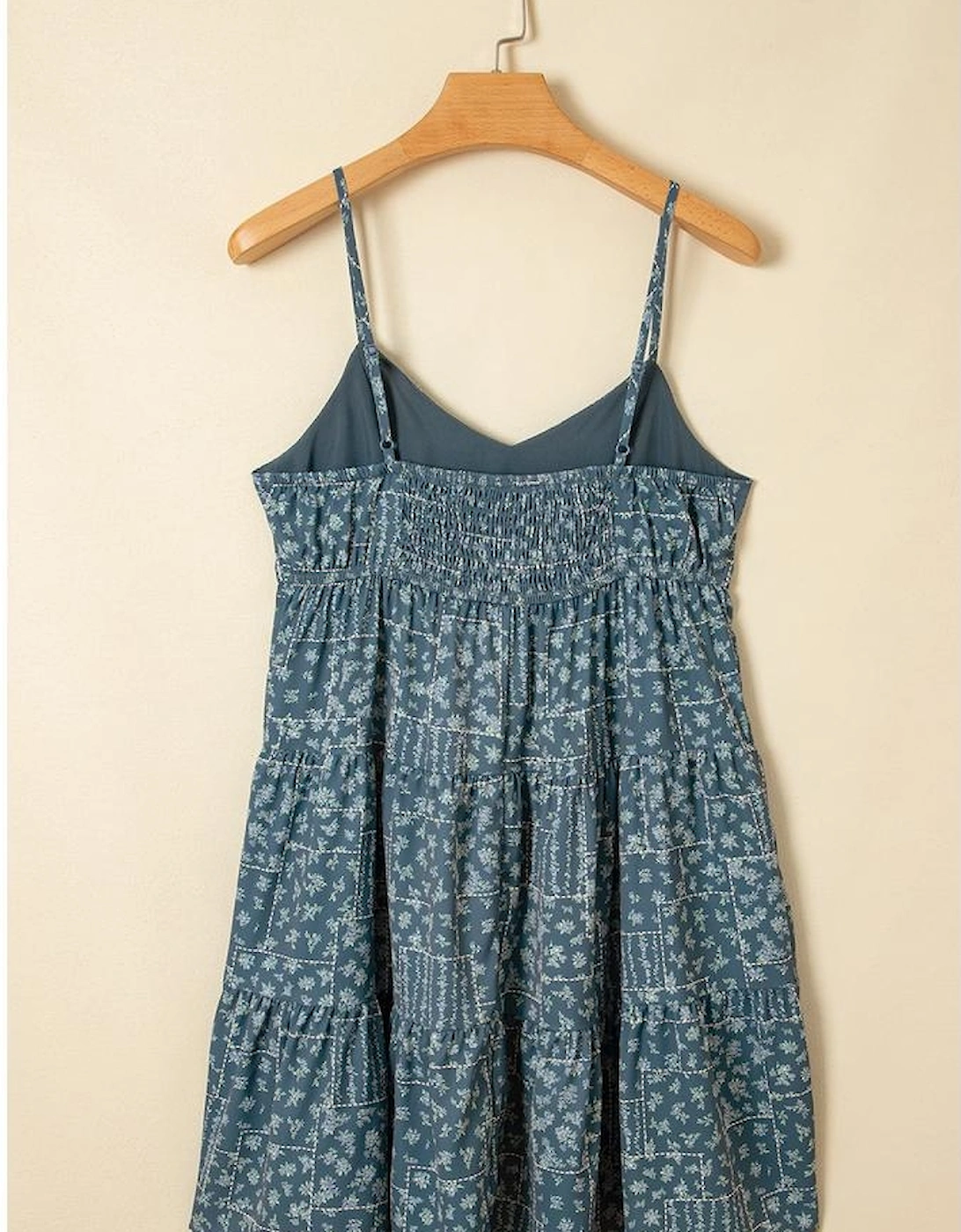 Blue Spaghetti Straps Floral Print Knot Detail High Waist Flared Dress