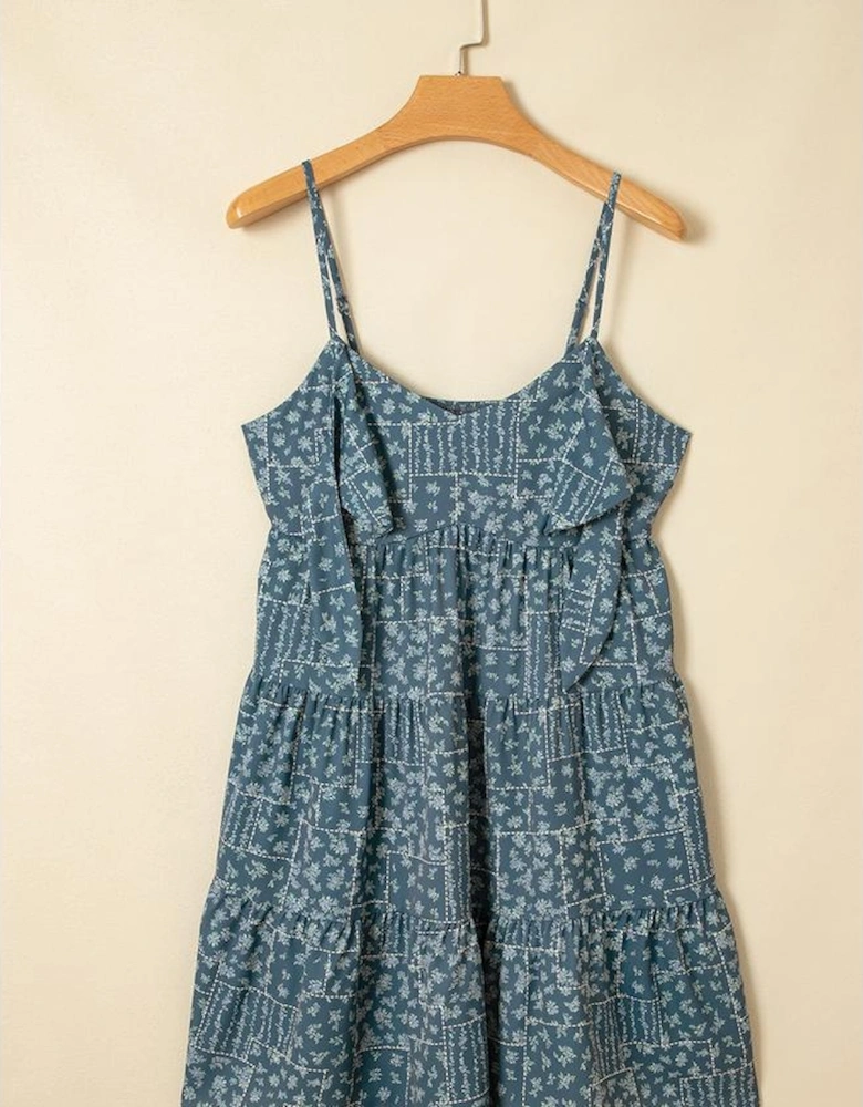 Blue Spaghetti Straps Floral Print Knot Detail High Waist Flared Dress