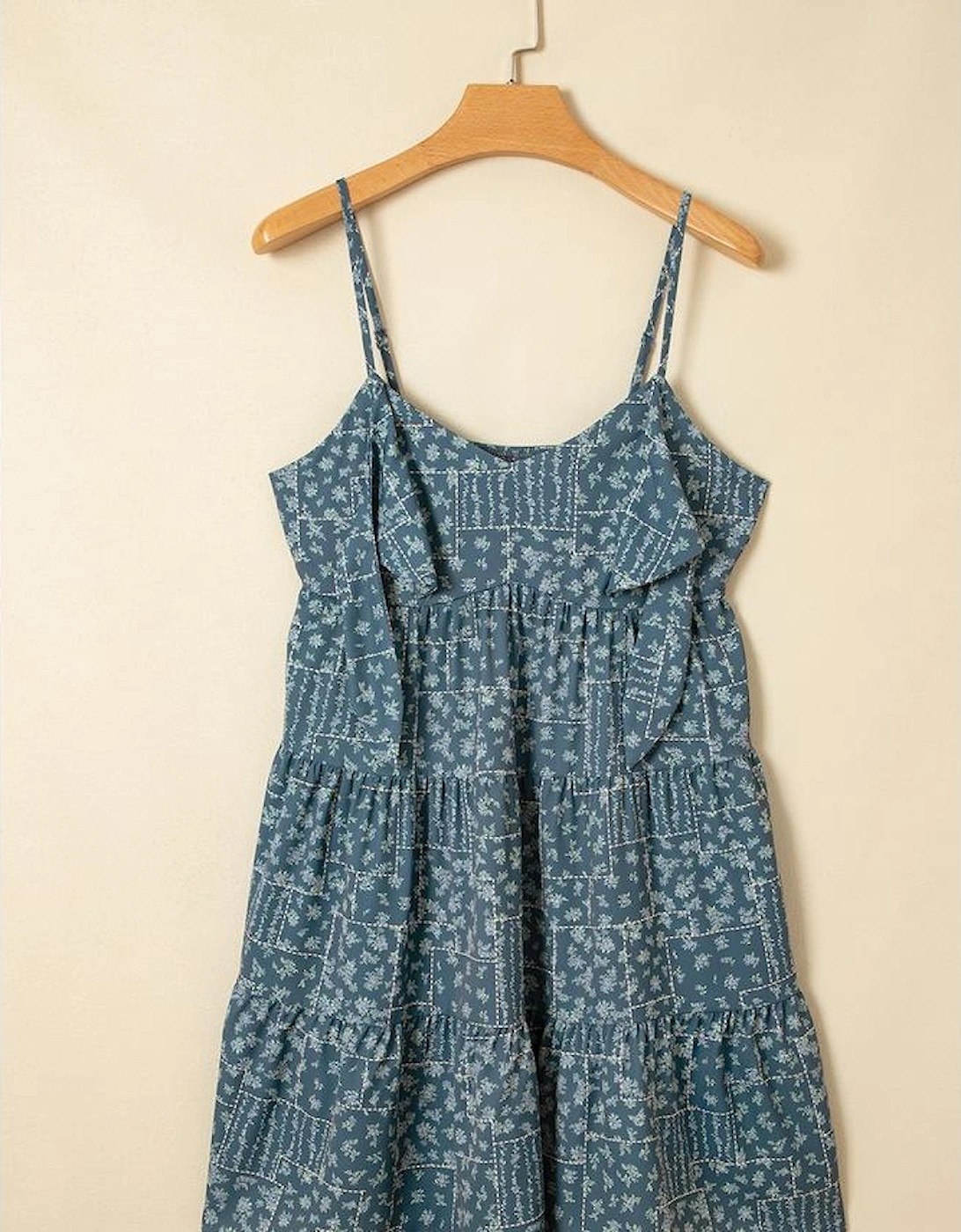 Blue Spaghetti Straps Floral Print Knot Detail High Waist Flared Dress