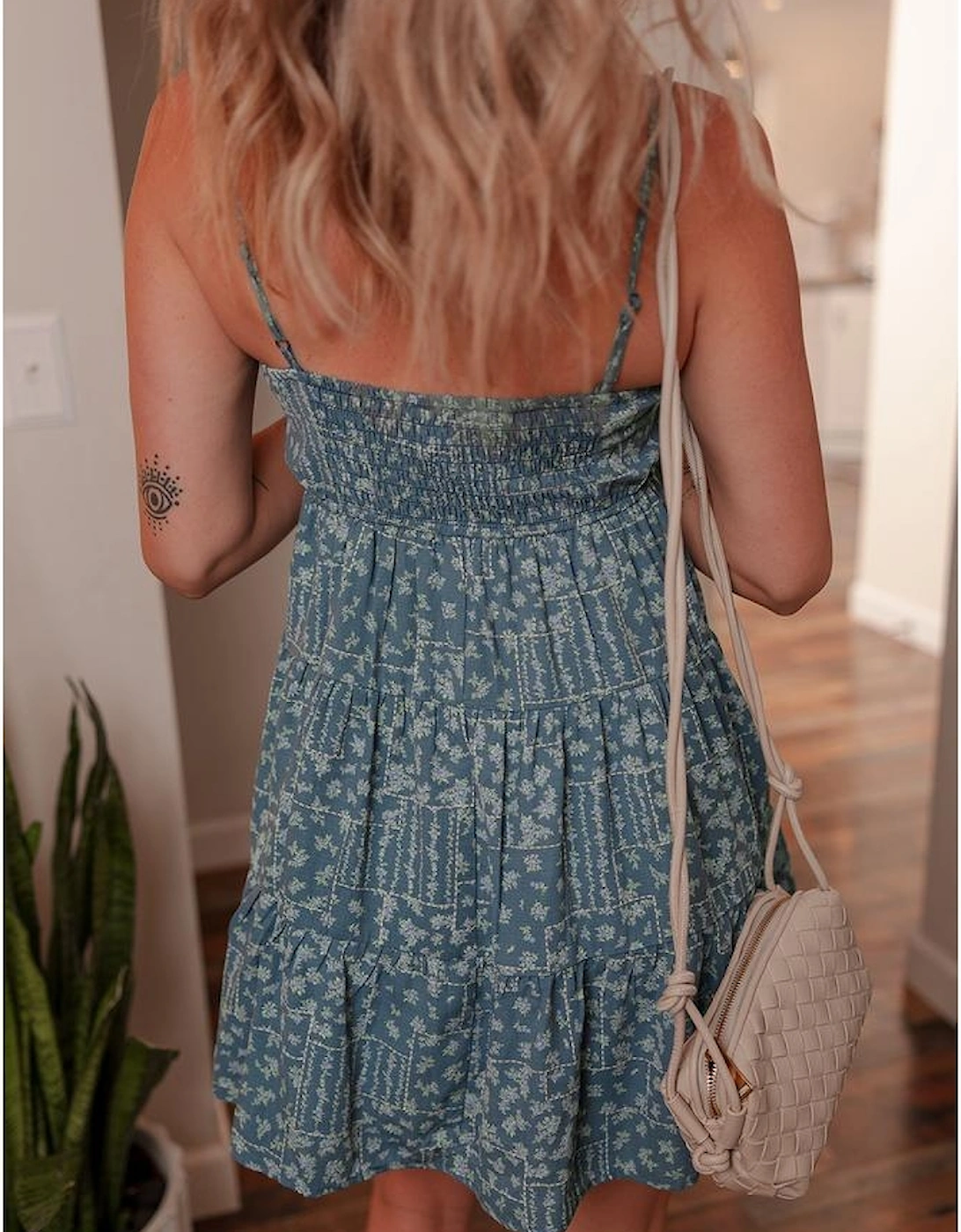 Blue Spaghetti Straps Floral Print Knot Detail High Waist Flared Dress, 13 of 12