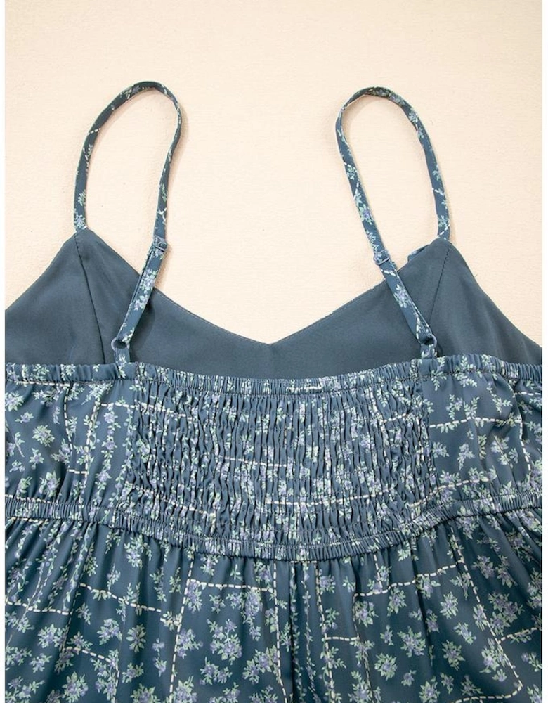 Blue Spaghetti Straps Floral Print Knot Detail High Waist Flared Dress