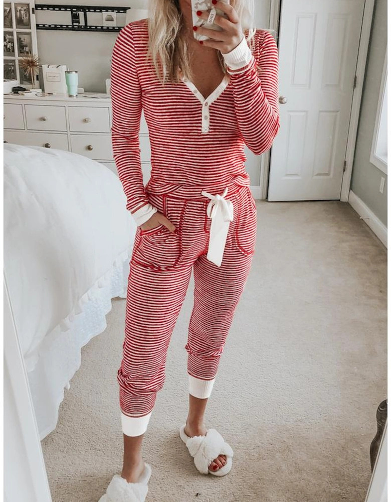 Red Stripe Buttoned V Neck Top and Knotted Waist Pants Lounge Set