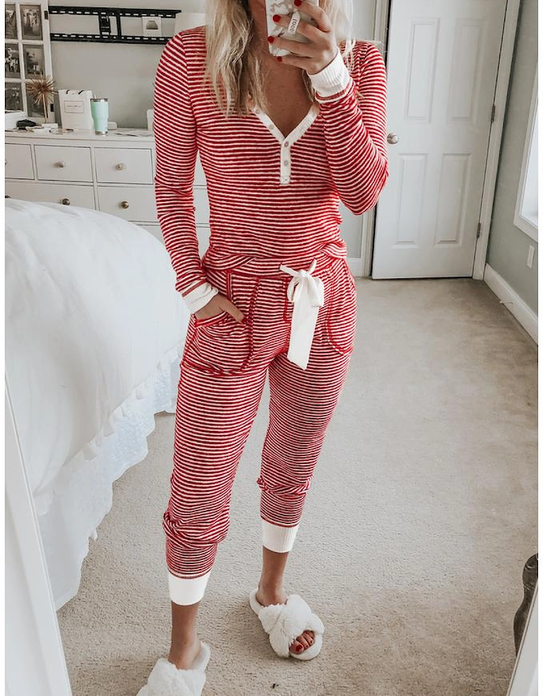 Red Stripe Buttoned V Neck Top and Knotted Waist Pants Lounge Set, 12 of 11