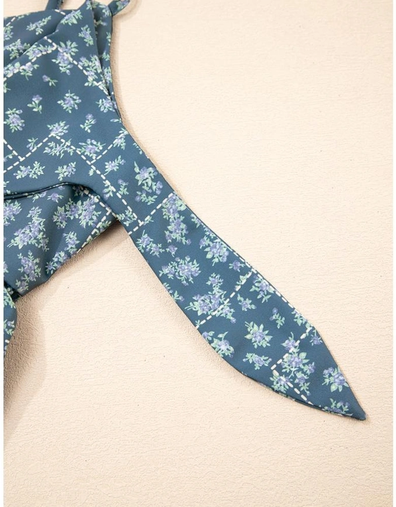 Blue Spaghetti Straps Floral Print Knot Detail High Waist Flared Dress