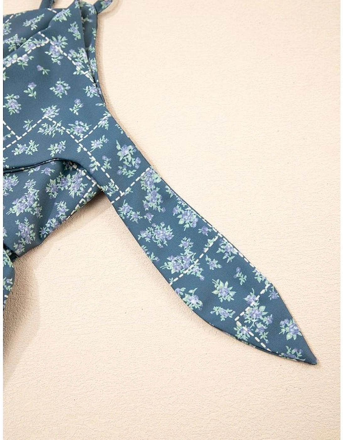 Blue Spaghetti Straps Floral Print Knot Detail High Waist Flared Dress