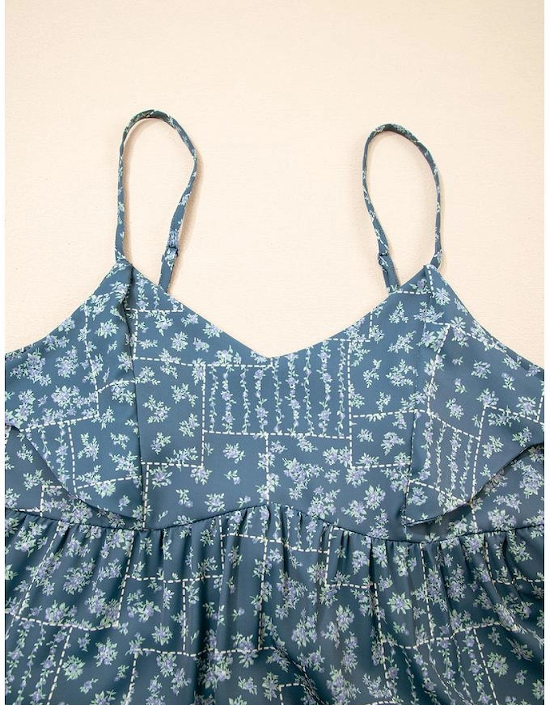 Blue Spaghetti Straps Floral Print Knot Detail High Waist Flared Dress
