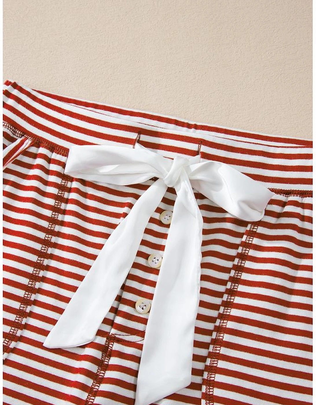 Red Stripe Buttoned V Neck Top and Knotted Waist Pants Lounge Set