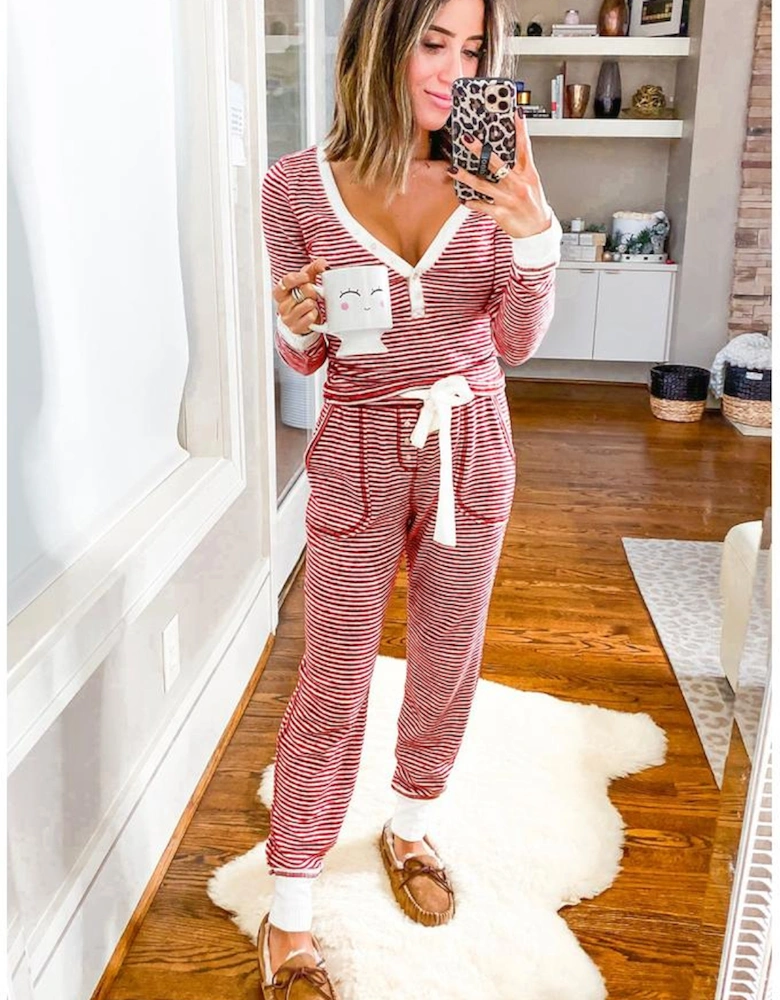 Red Stripe Buttoned V Neck Top and Knotted Waist Pants Lounge Set