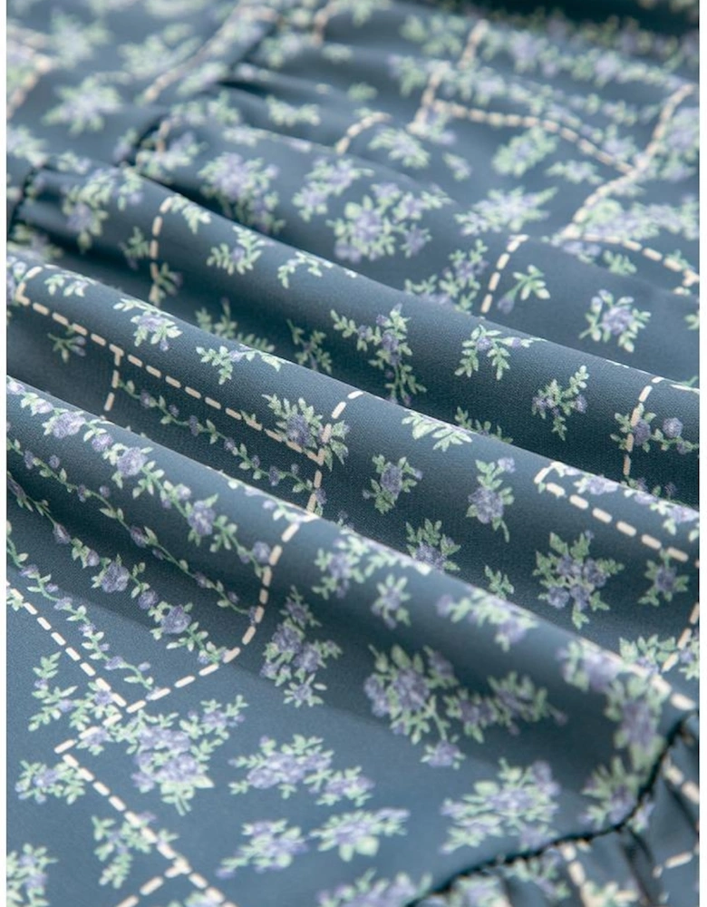 Blue Spaghetti Straps Floral Print Knot Detail High Waist Flared Dress