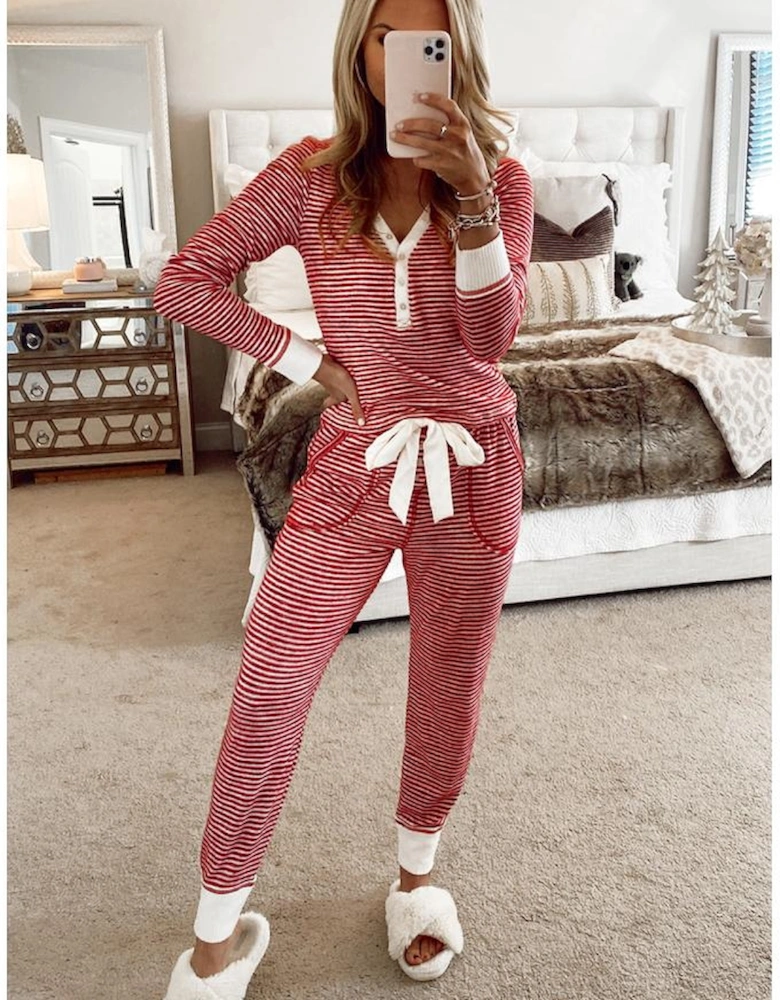 Red Stripe Buttoned V Neck Top and Knotted Waist Pants Lounge Set