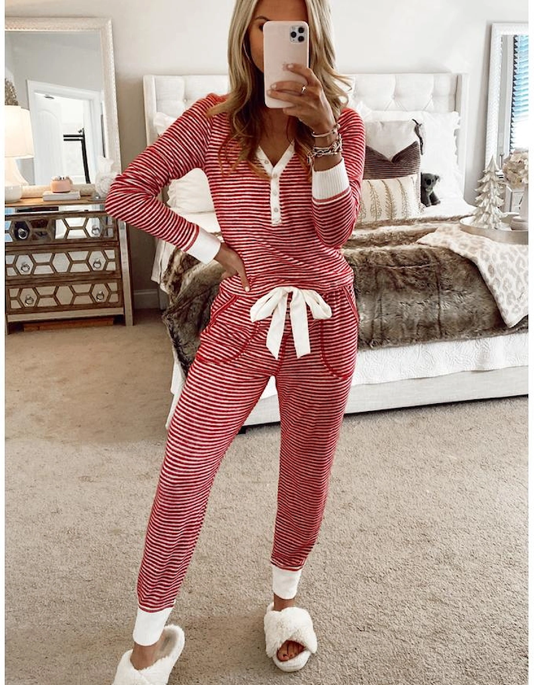 Red Stripe Buttoned V Neck Top and Knotted Waist Pants Lounge Set
