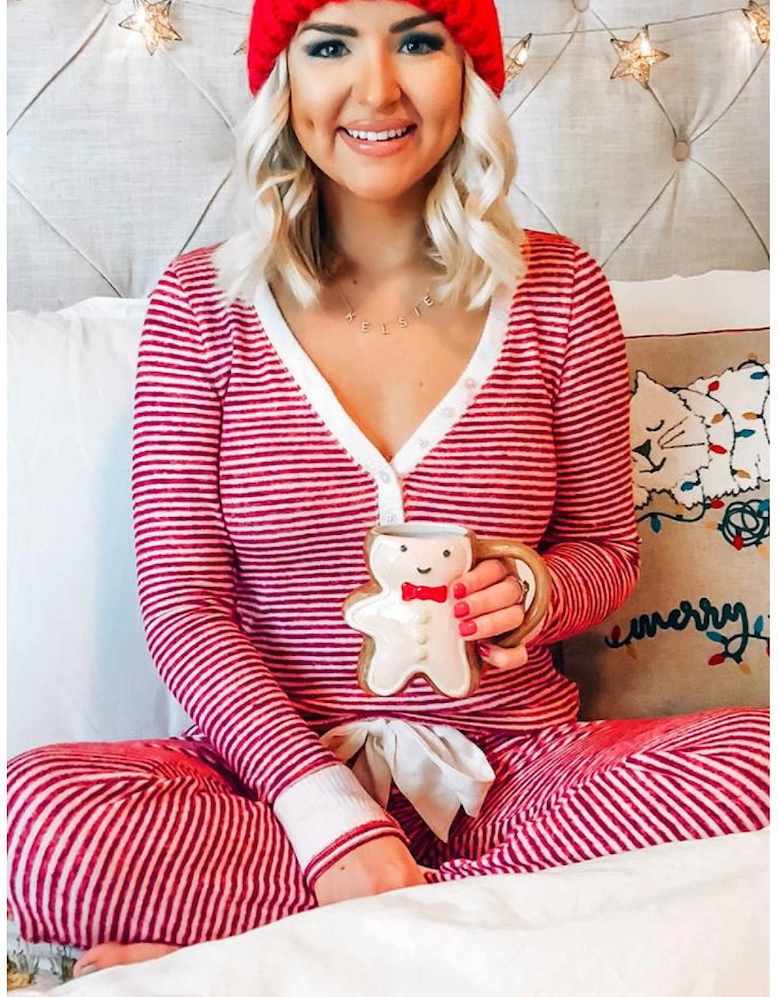 Red Stripe Buttoned V Neck Top and Knotted Waist Pants Lounge Set