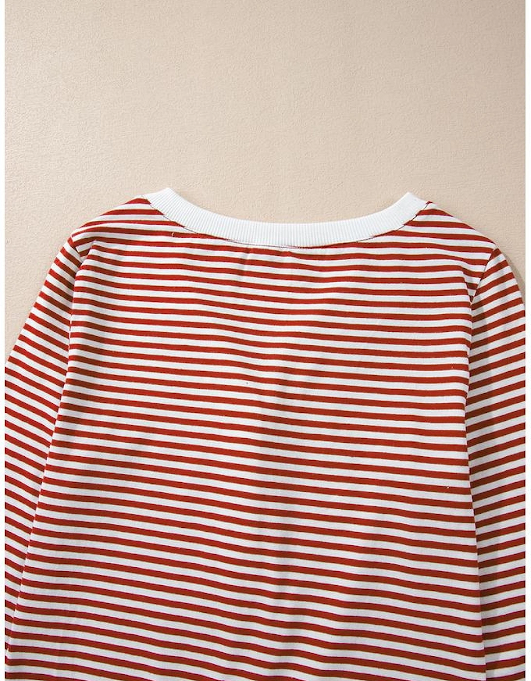 Red Stripe Buttoned V Neck Top and Knotted Waist Pants Lounge Set