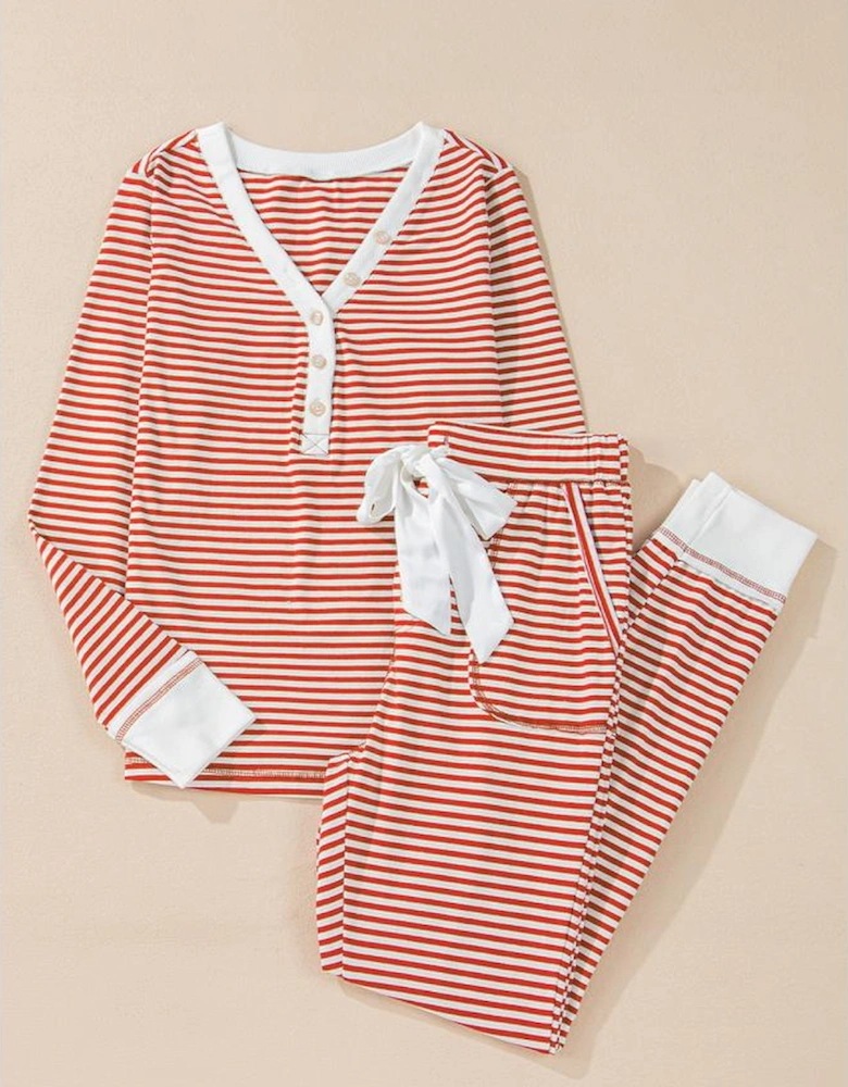 Red Stripe Buttoned V Neck Top and Knotted Waist Pants Lounge Set