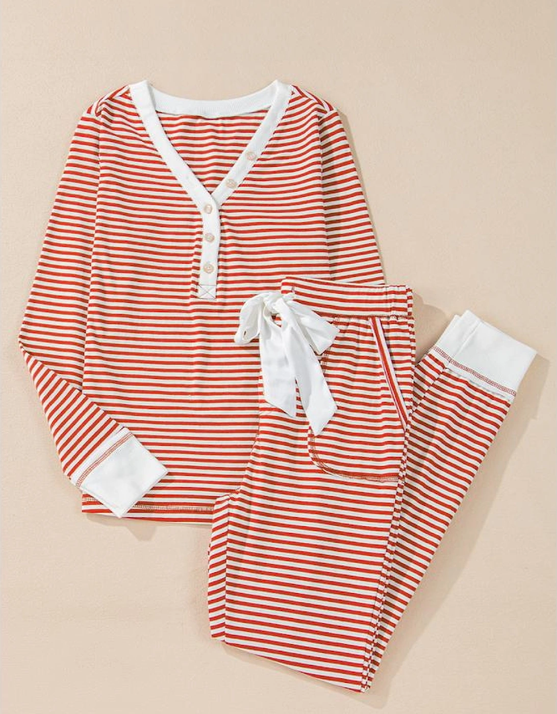 Red Stripe Buttoned V Neck Top and Knotted Waist Pants Lounge Set