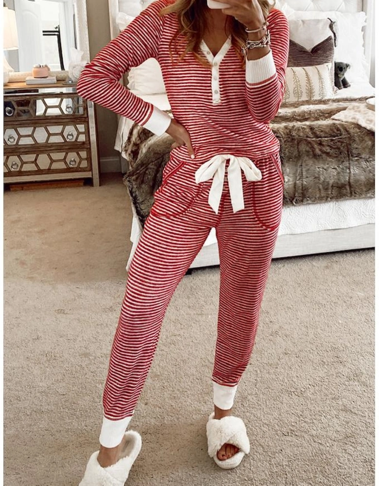 Red Stripe Buttoned V Neck Top and Knotted Waist Pants Lounge Set