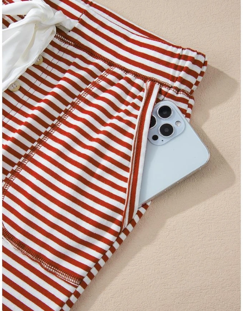 Red Stripe Buttoned V Neck Top and Knotted Waist Pants Lounge Set