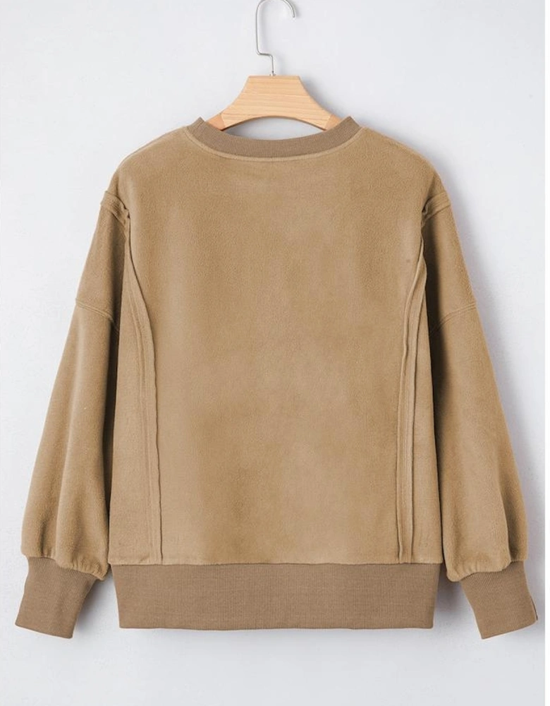 Dark Khaki Fuzzy Sherpa Splicing Pullover Sweatshirt with Side Slit