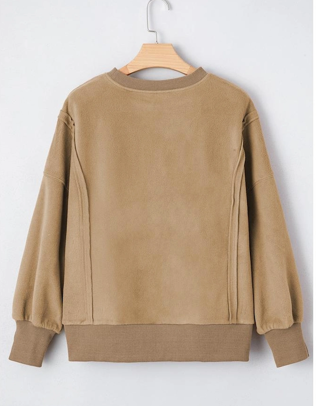 Dark Khaki Fuzzy Sherpa Splicing Pullover Sweatshirt with Side Slit