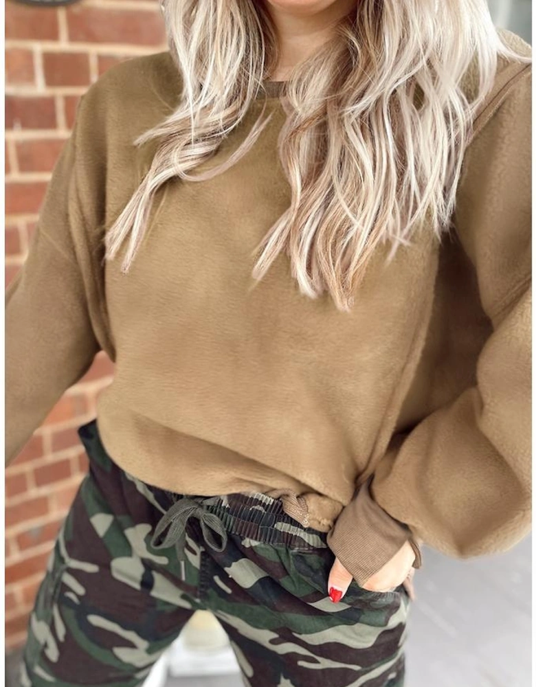 Dark Khaki Fuzzy Sherpa Splicing Pullover Sweatshirt with Side Slit