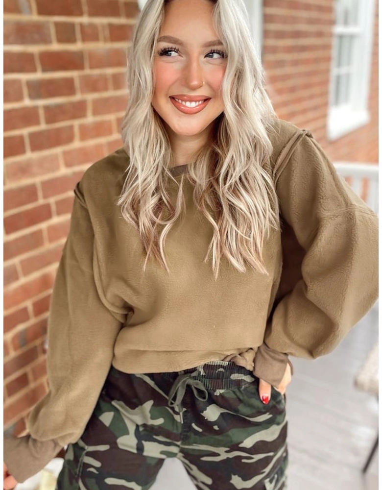 Dark Khaki Fuzzy Sherpa Splicing Pullover Sweatshirt with Side Slit