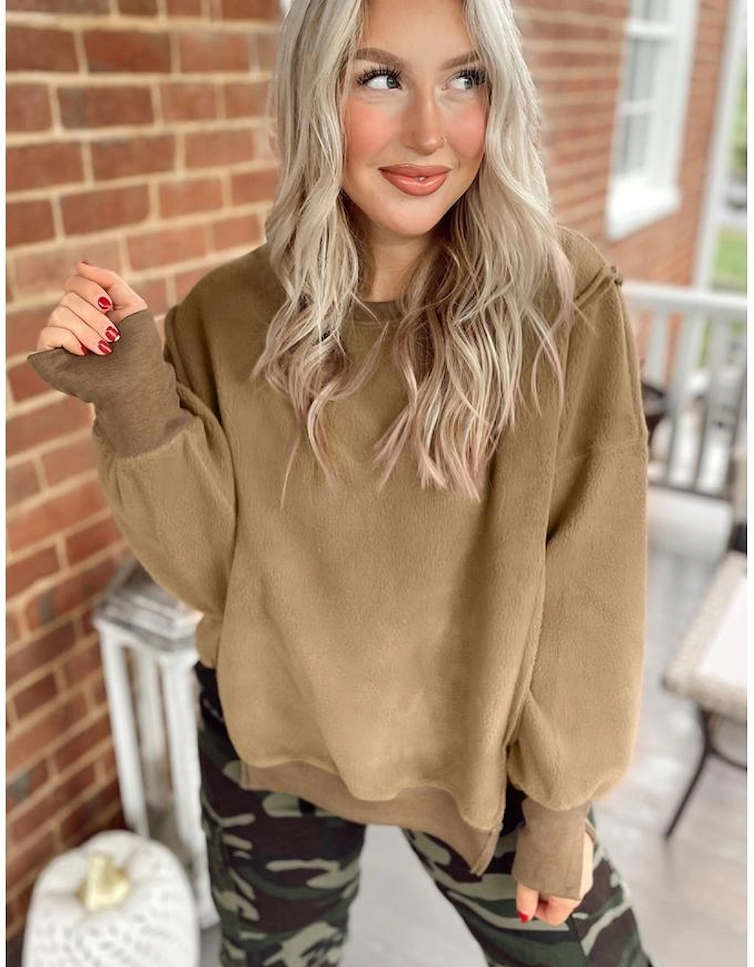 Dark Khaki Fuzzy Sherpa Splicing Pullover Sweatshirt with Side Slit