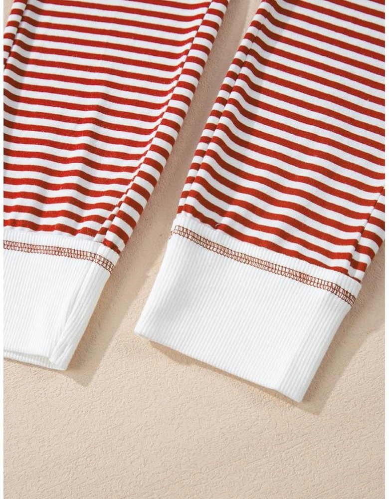 Red Stripe Buttoned V Neck Top and Knotted Waist Pants Lounge Set