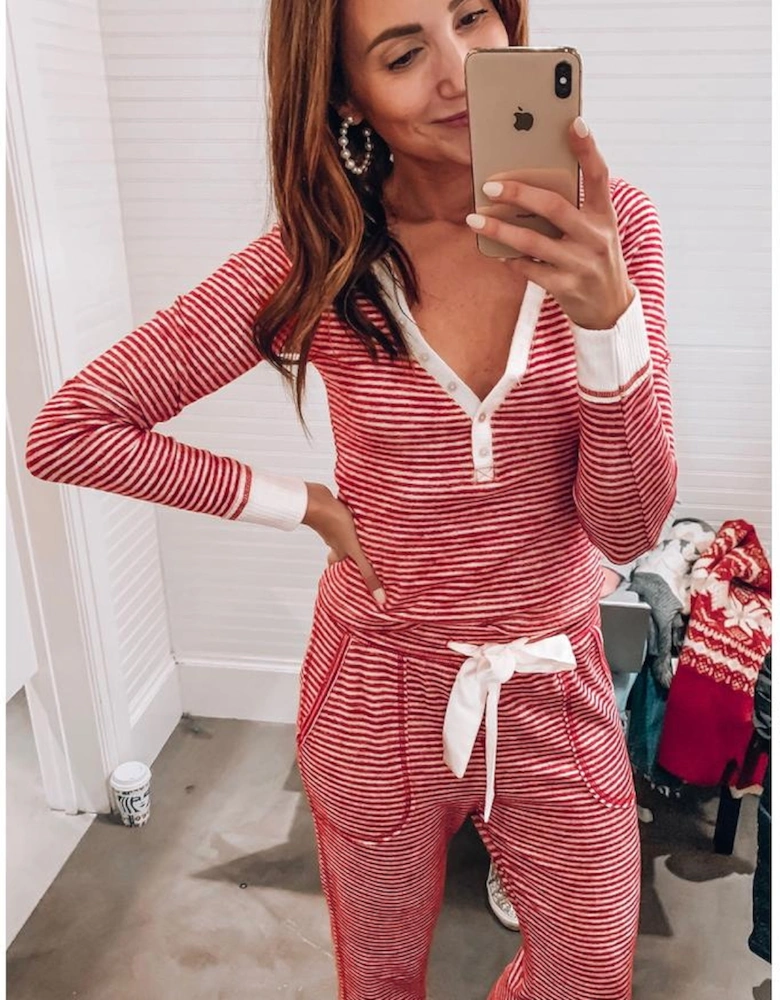 Red Stripe Buttoned V Neck Top and Knotted Waist Pants Lounge Set