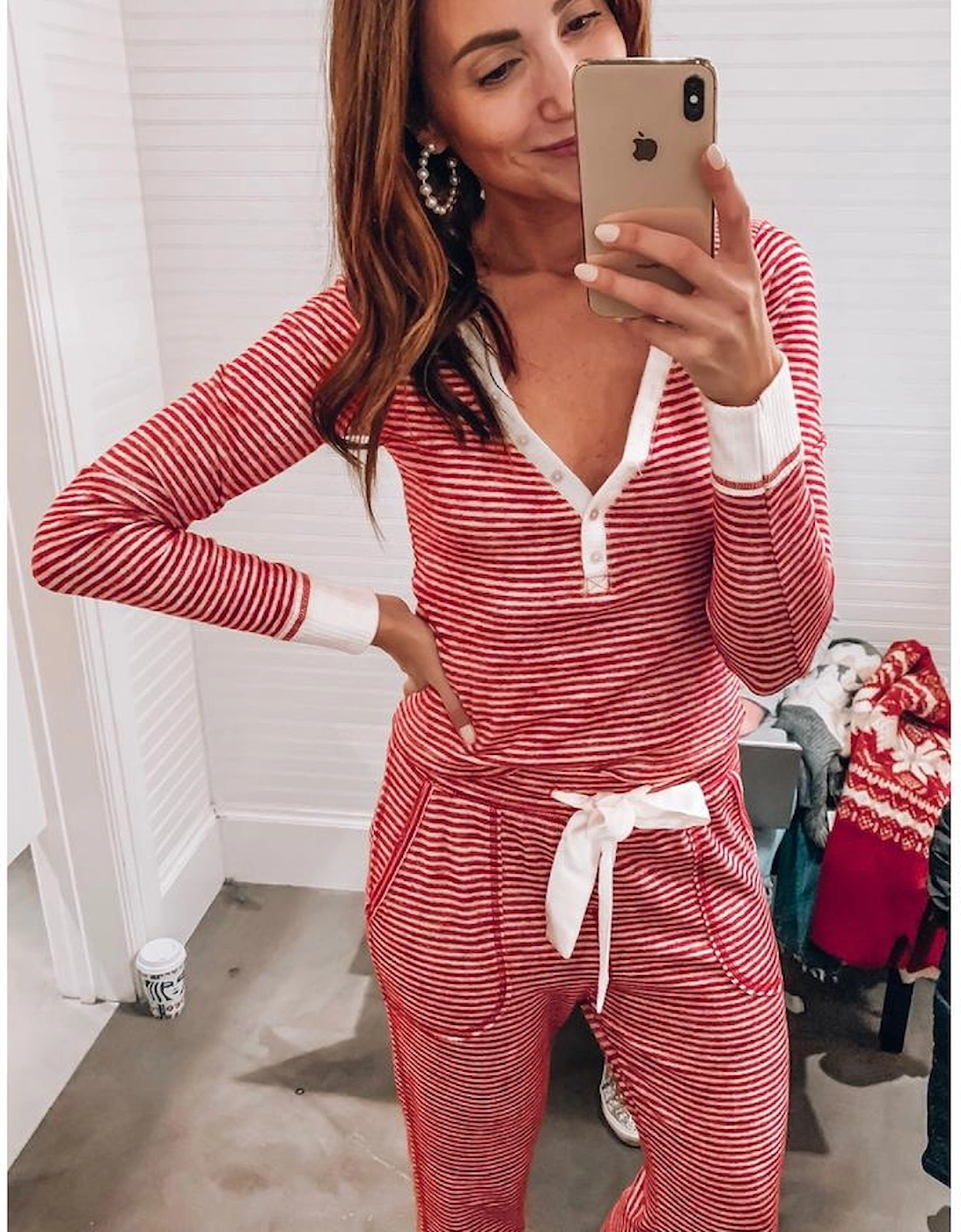 Red Stripe Buttoned V Neck Top and Knotted Waist Pants Lounge Set