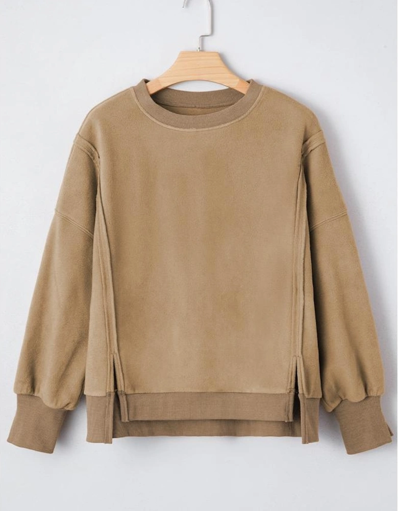 Dark Khaki Fuzzy Sherpa Splicing Pullover Sweatshirt with Side Slit