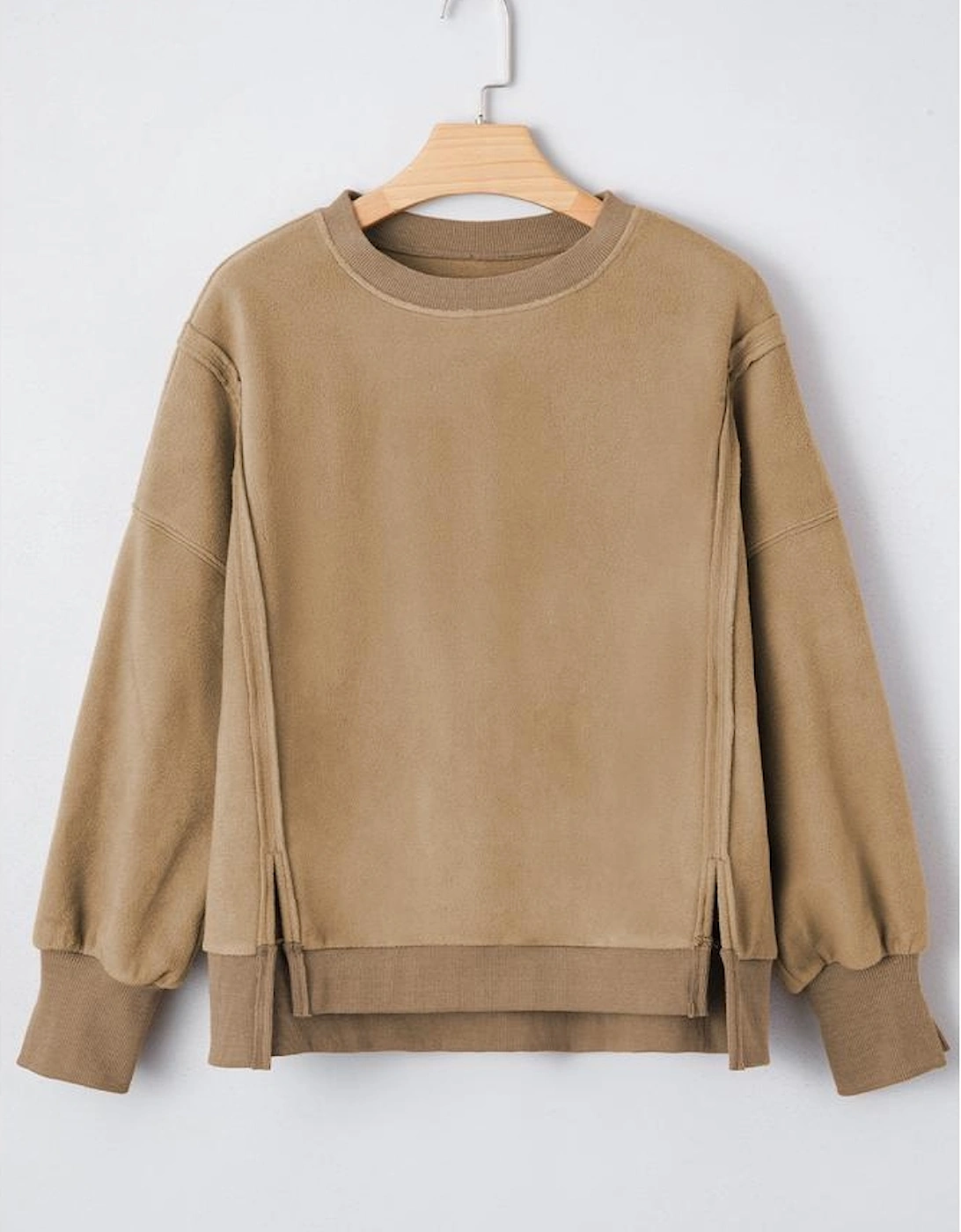 Dark Khaki Fuzzy Sherpa Splicing Pullover Sweatshirt with Side Slit