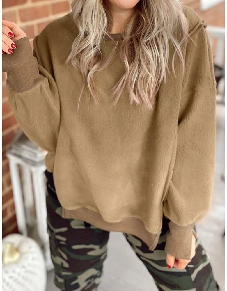 Dark Khaki Fuzzy Sherpa Splicing Pullover Sweatshirt with Side Slit
