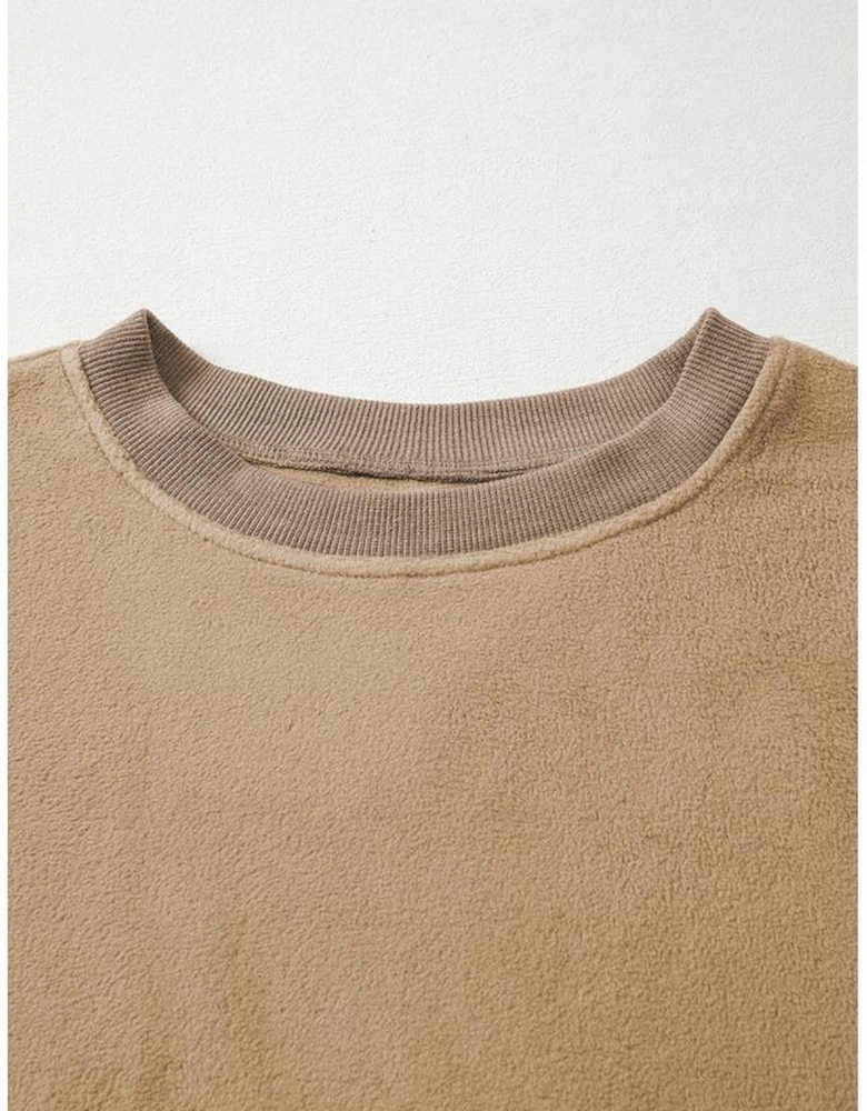 Dark Khaki Fuzzy Sherpa Splicing Pullover Sweatshirt with Side Slit