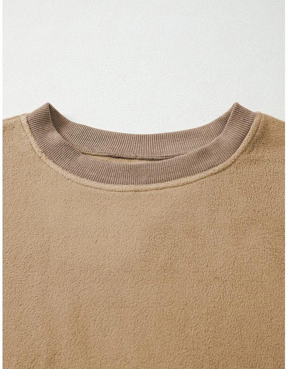 Dark Khaki Fuzzy Sherpa Splicing Pullover Sweatshirt with Side Slit