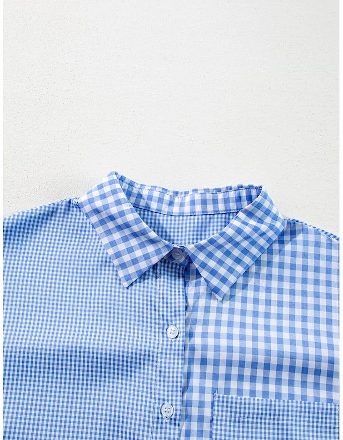 Sky Blue Stripe Plaid Patchwork Button up Long Sleeve Shirt