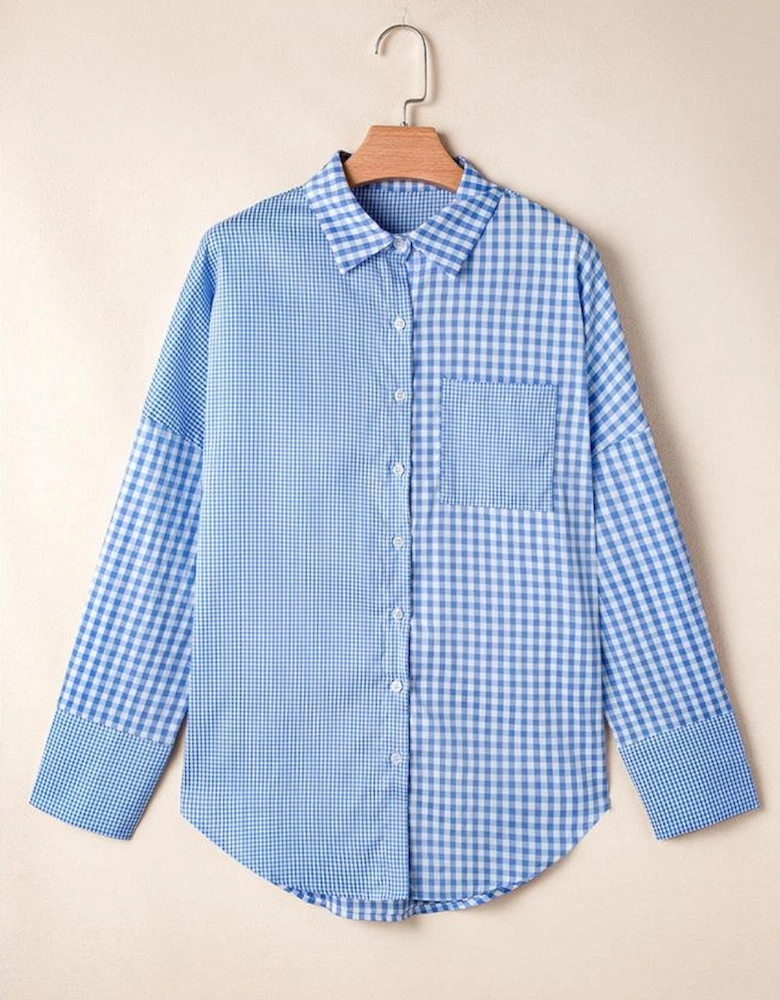 Sky Blue Stripe Plaid Patchwork Button up Long Sleeve Shirt