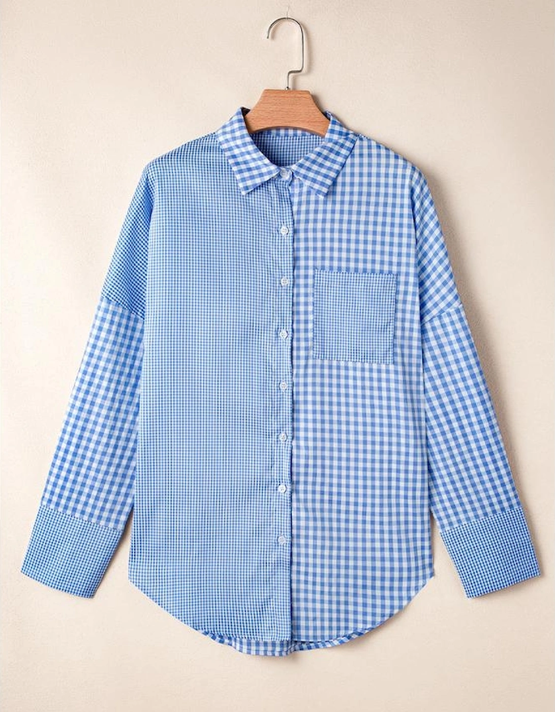 Sky Blue Stripe Plaid Patchwork Button up Long Sleeve Shirt