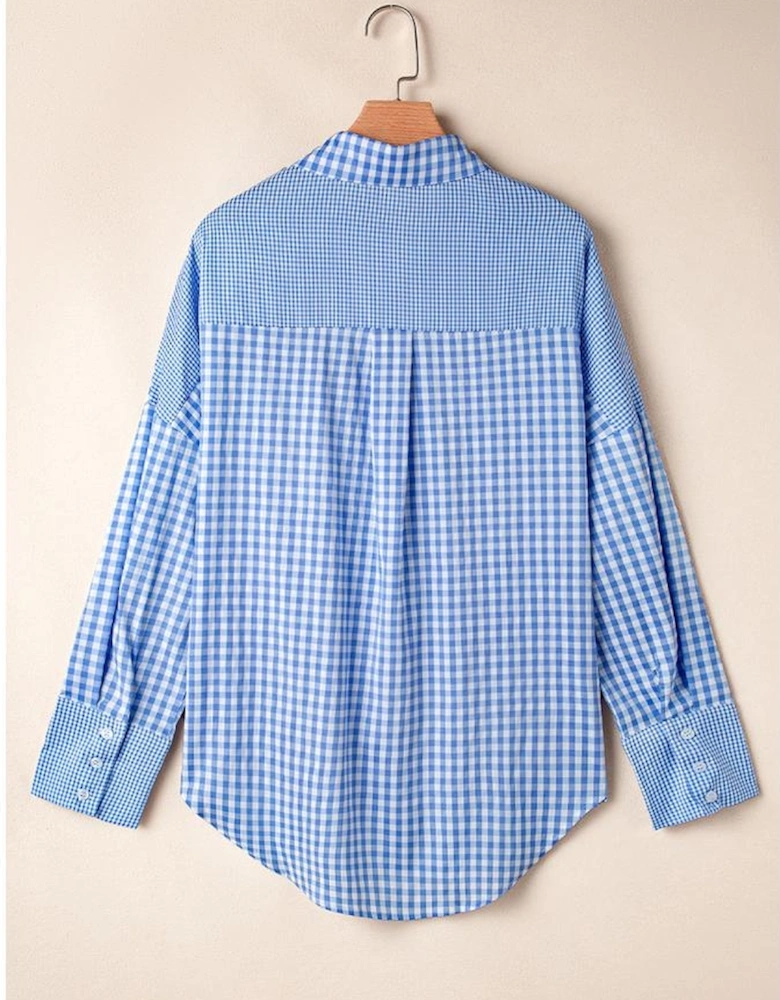 Sky Blue Stripe Plaid Patchwork Button up Long Sleeve Shirt