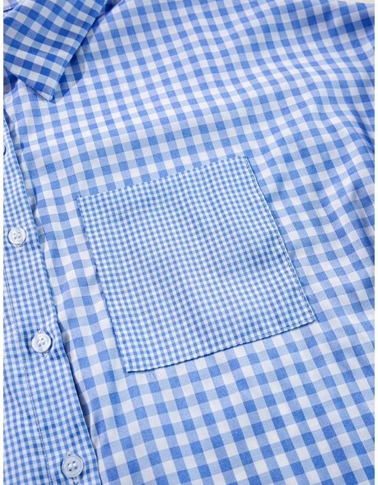 Sky Blue Stripe Plaid Patchwork Button up Long Sleeve Shirt