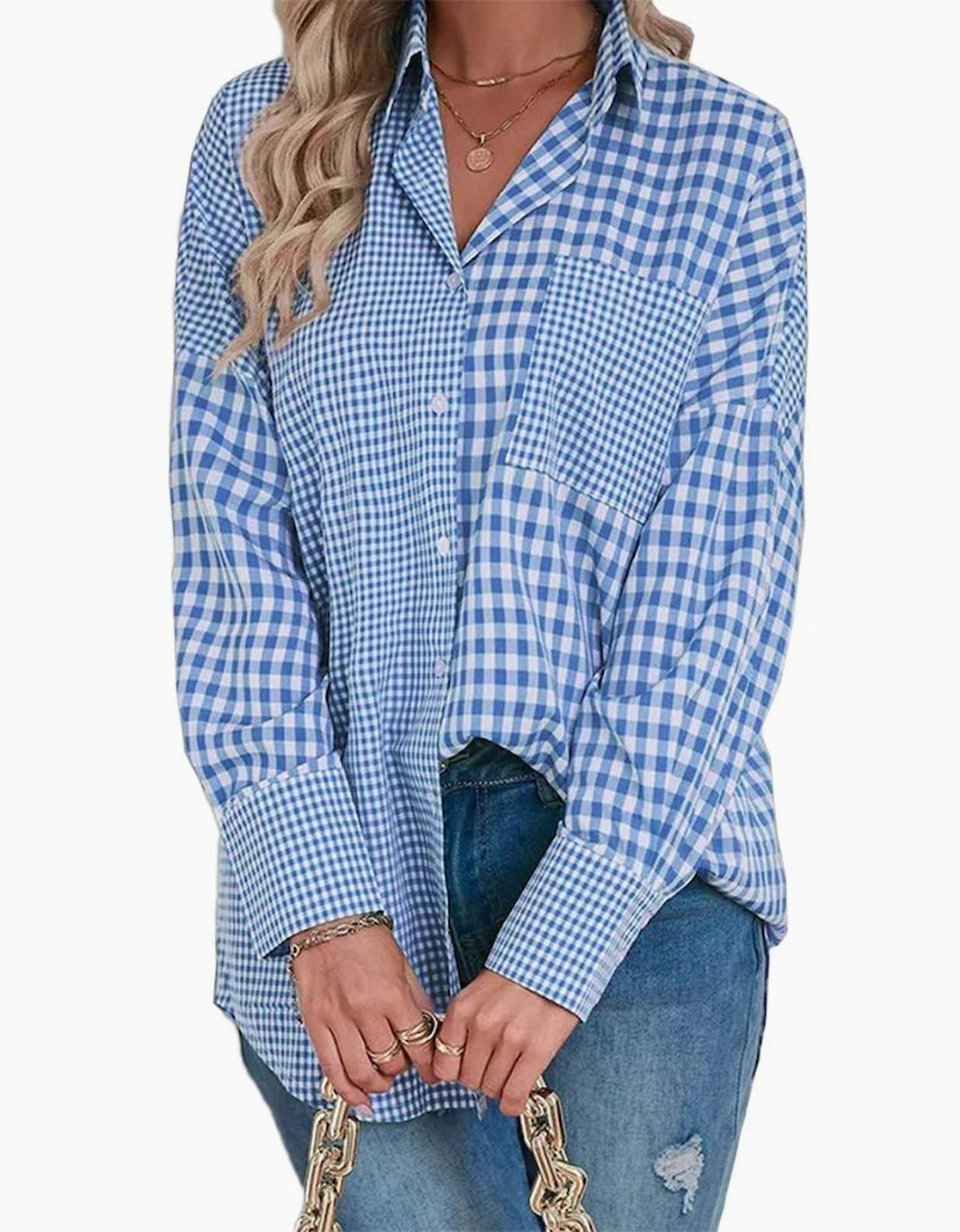 Sky Blue Stripe Plaid Patchwork Button up Long Sleeve Shirt