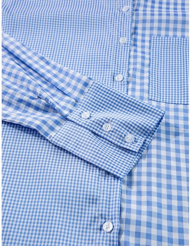 Sky Blue Stripe Plaid Patchwork Button up Long Sleeve Shirt