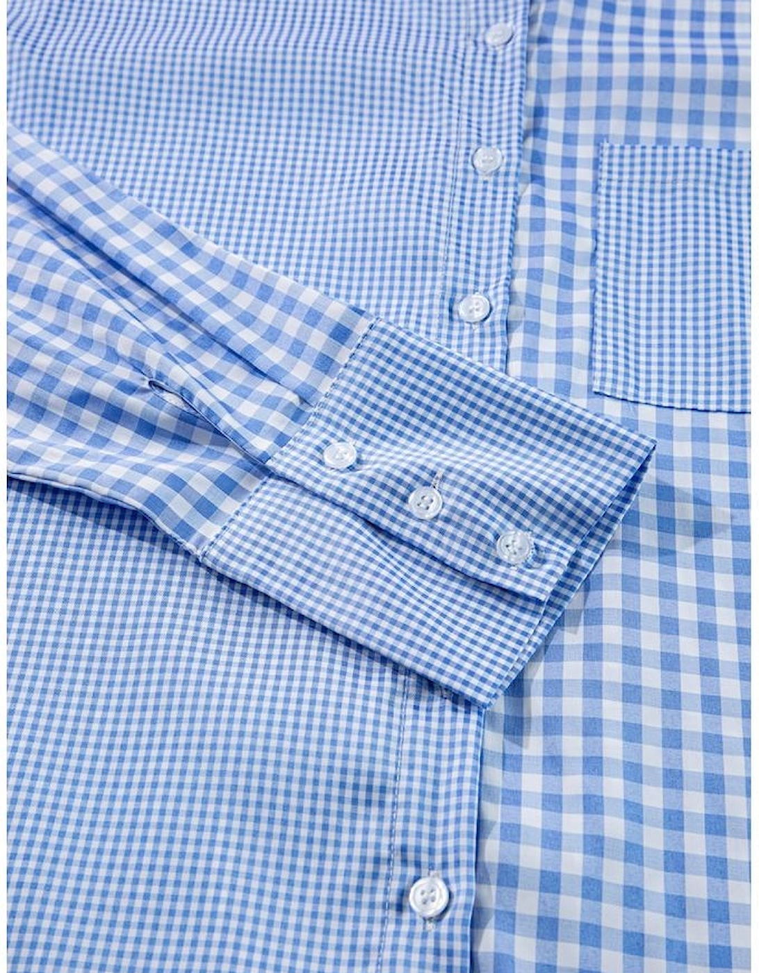 Sky Blue Stripe Plaid Patchwork Button up Long Sleeve Shirt