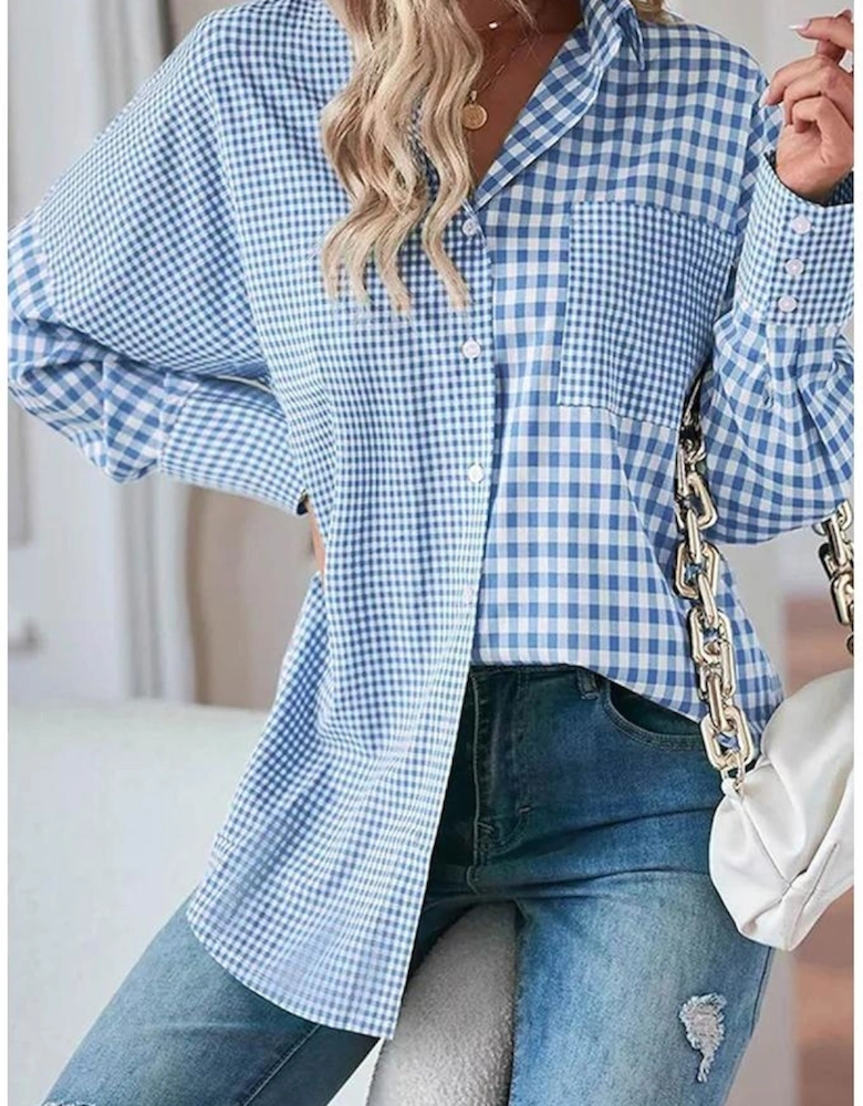 Sky Blue Stripe Plaid Patchwork Button up Long Sleeve Shirt