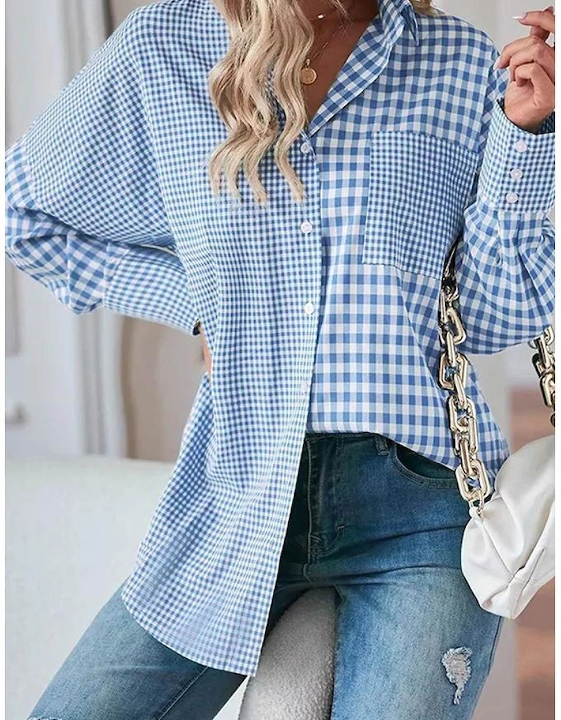 Sky Blue Stripe Plaid Patchwork Button up Long Sleeve Shirt