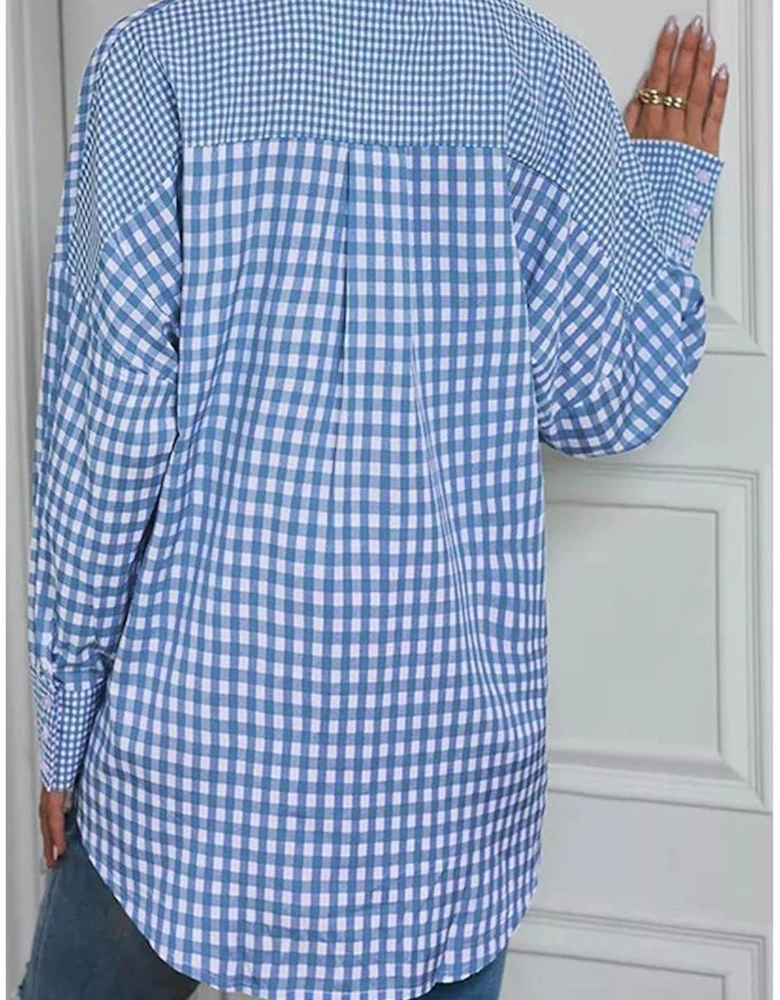 Sky Blue Stripe Plaid Patchwork Button up Long Sleeve Shirt