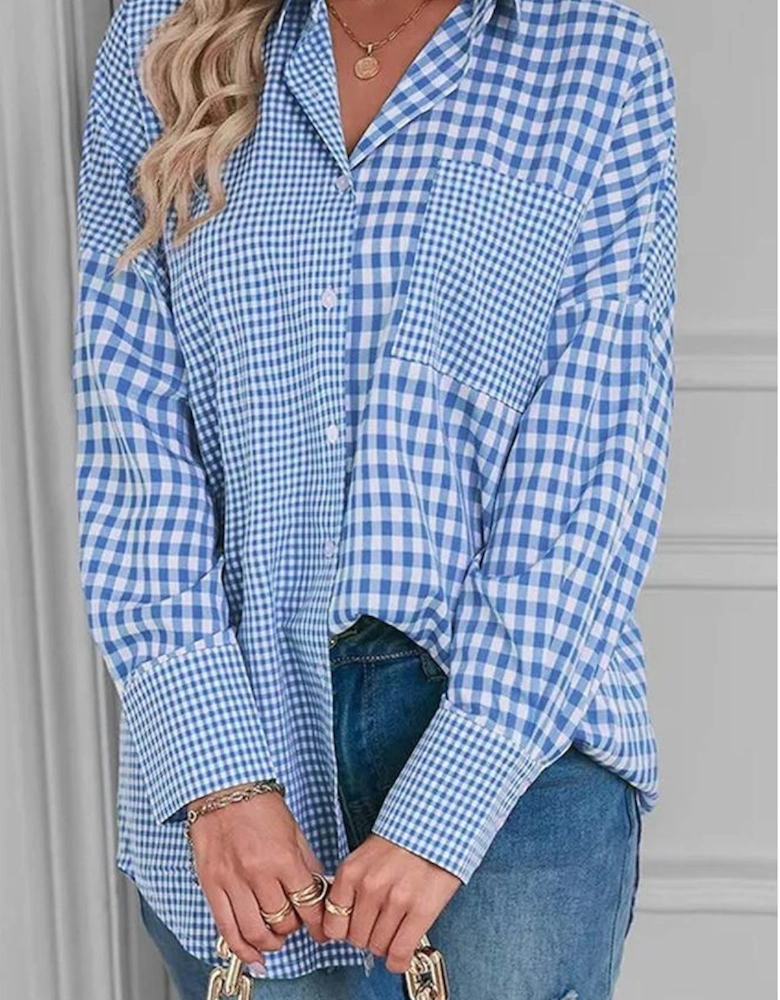 Sky Blue Stripe Plaid Patchwork Button up Long Sleeve Shirt