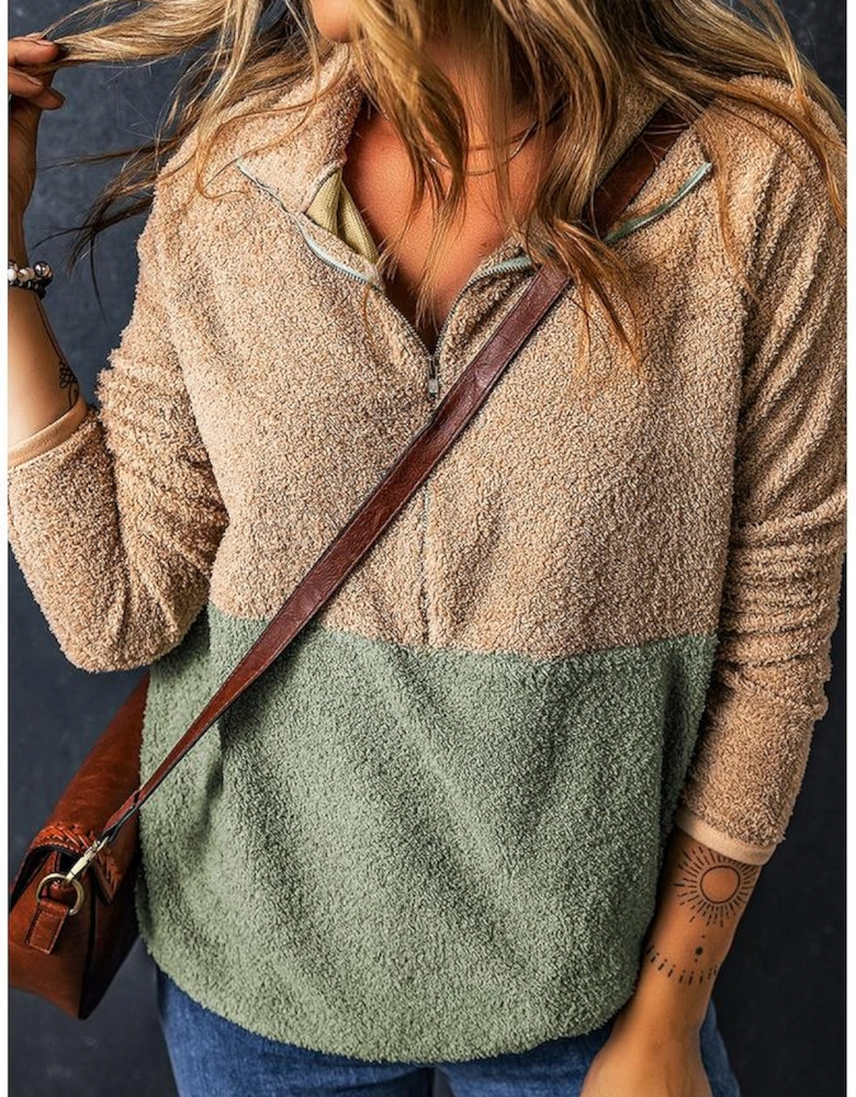 Smoke Gray Two Tones Color Block Half Zip Fleece Sweatshirt