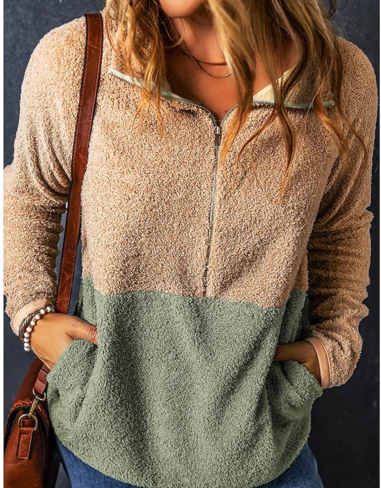 Smoke Gray Two Tones Color Block Half Zip Fleece Sweatshirt