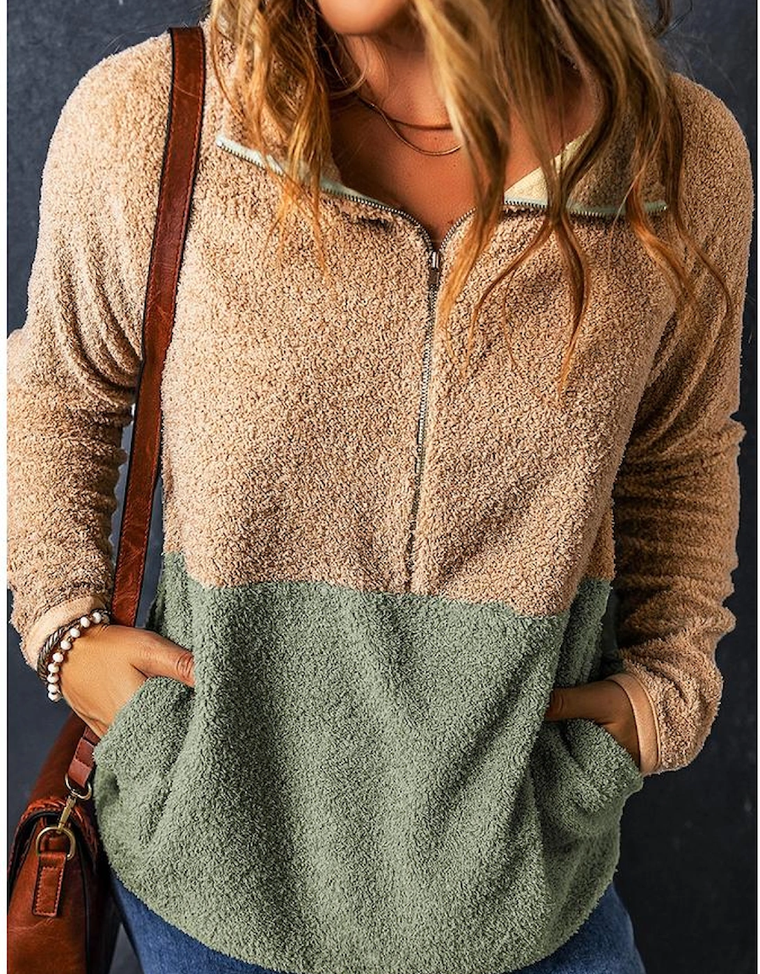 Smoke Gray Two Tones Color Block Half Zip Fleece Sweatshirt